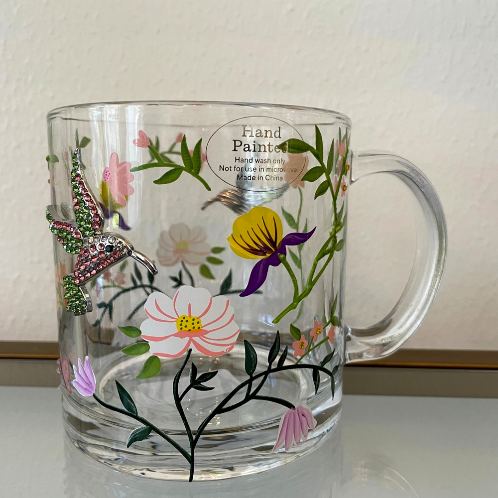 Hand Painted Clear Glass Mug Multicolored Floral Rhinestone Hummingbird New